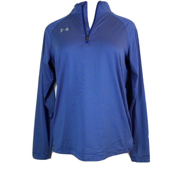 Under Armour Womens S Top Loose Heat Gear 3/4 Zip Blue Stripe Long Sleeve Active - Picture 1 of 12